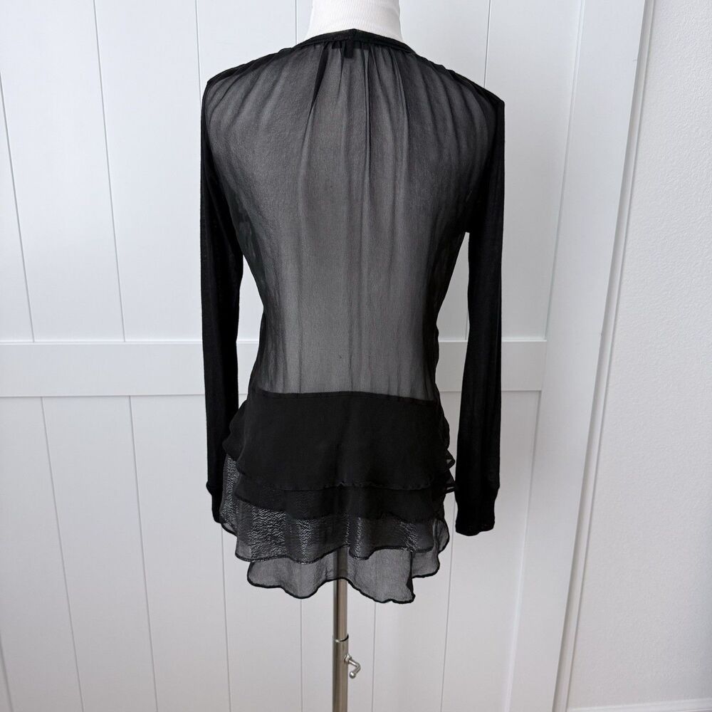 Clu Black Silk Chiffon Back Peplum Cardigan Top XS Sheer Ruffle Layered Metallic